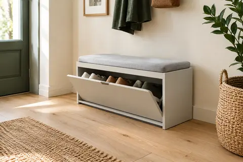 Banc à chaussures basculant gris clair avec coussin, installé dans une entrée lumineuse