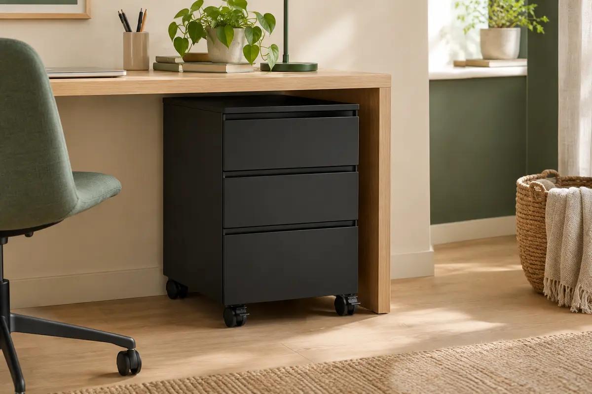 Caisson de bureau Songmics en acier noir mat, avec trois tiroirs et roulettes, placé sous un bureau en chêne clair.