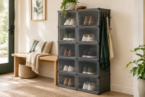 Étagère à chaussures modulable gris ardoise à dix compartiments et portes transparentes dans une entrée lumineuse