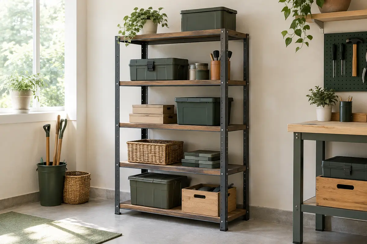 Étagère Songmics à cinq niveaux réglables, avec cadre en acier et plateaux marron rustique, dans un atelier lumineux.