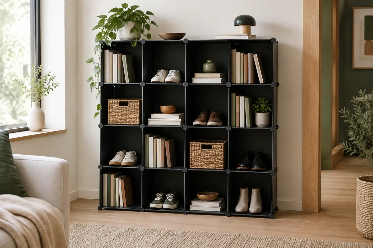 Étagère noire modulable à seize cubes ouverte, garnie de chaussures et de livres dans un intérieur lumineux