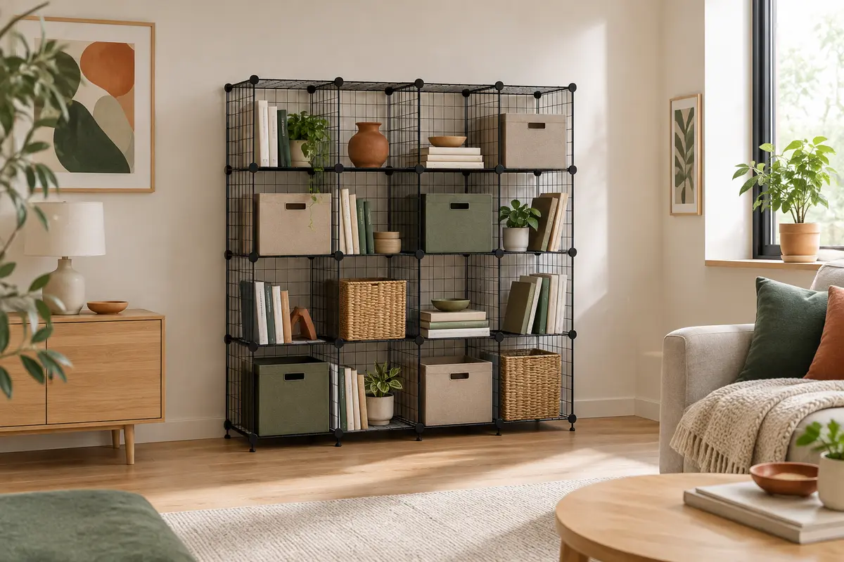 Étagère modulable noire à 16 cubes en fil métallique, mise en scène dans un salon lumineux et épuré