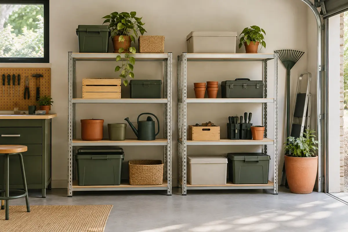 Deux étagères modulables en acier argenté avec quatre niveaux, installées dans un garage organisé