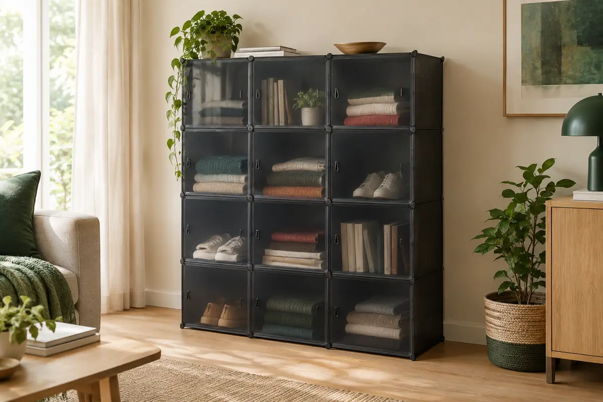 Meuble de rangement noir à 16 cases avec portes semi-transparentes dans un salon lumineux