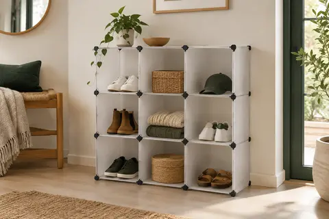 Meuble modulable à neuf cubes, avec panneaux blancs semi-transparents et raccords noirs, dans un intérieur lumineux.