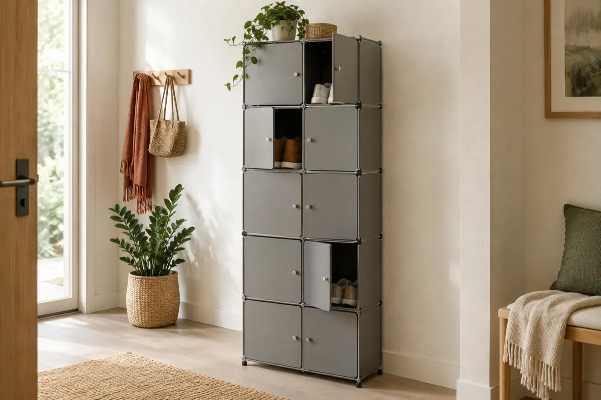 Meuble à chaussures modulable gris à dix casiers avec portes, installé dans une entrée lumineuse.