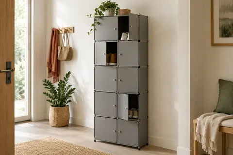 Meuble à chaussures modulable gris à dix casiers avec portes, installé dans une entrée lumineuse.