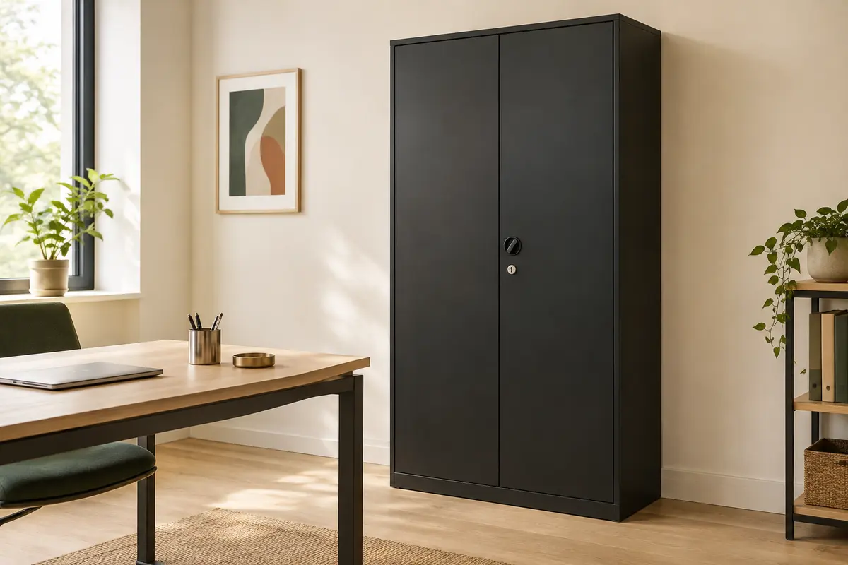 Armoire de bureau métallique noire à deux portes, avec serrure et étagères réglables, dans un espace lumineux.