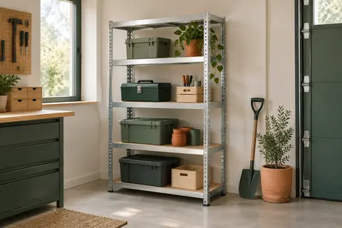 Étagère modulable en acier galvanisé avec quatre tablettes en MDF dans un garage lumineux et rangé