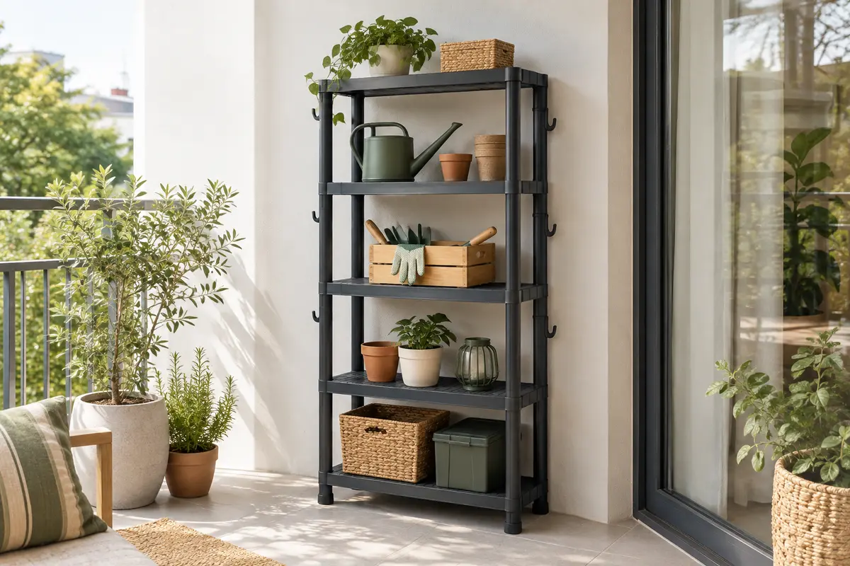 Étagère modulable noire à cinq niveaux présentée sur un balcon lumineux avec quelques accessoires rangés