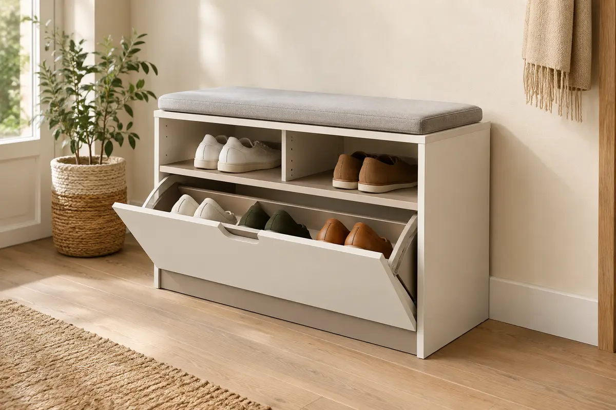Banc à chaussures compact à trois niveaux avec coussin rembourré et tiroir basculant dans une entrée lumineuse