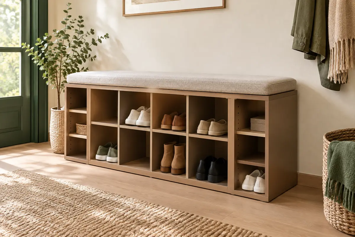 Banc à chaussures marron camel et beige avec coussin, compartiments ouverts et étagères réglables dans une entrée lumineuse.