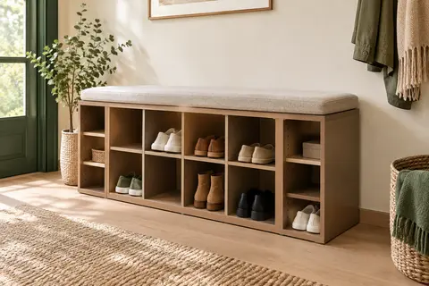 Banc à chaussures marron camel et beige avec coussin, compartiments ouverts et étagères réglables dans une entrée lumineuse.