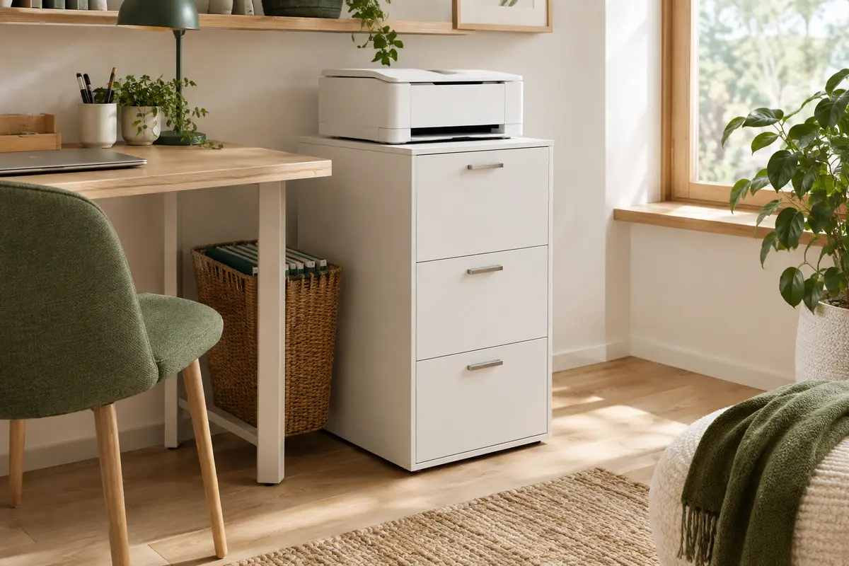 Caisson de bureau blanc à trois tiroirs verrouillables, installé près d’un bureau avec une imprimante sur le plateau.
