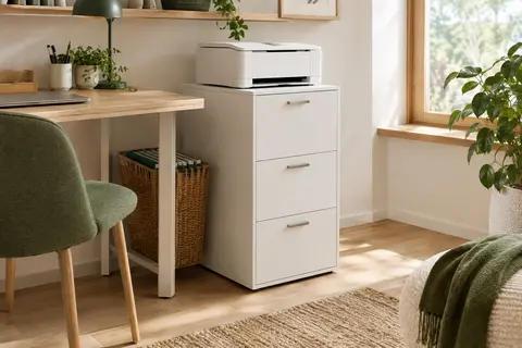 Caisson de bureau blanc à trois tiroirs verrouillables, installé près d’un bureau avec une imprimante sur le plateau.