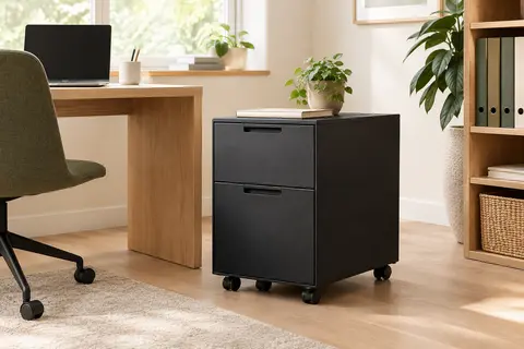 Caisson de bureau noir à deux tiroirs sur roulettes, installé près d’un bureau dans une pièce lumineuse.
