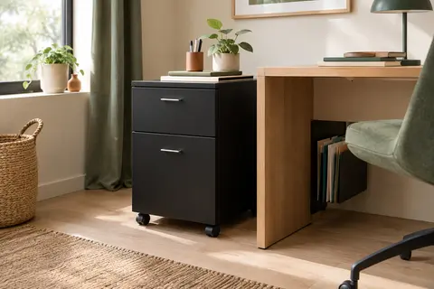 Caisson de bureau noir à deux tiroirs verrouillables, monté sur roulettes dans un bureau lumineux.