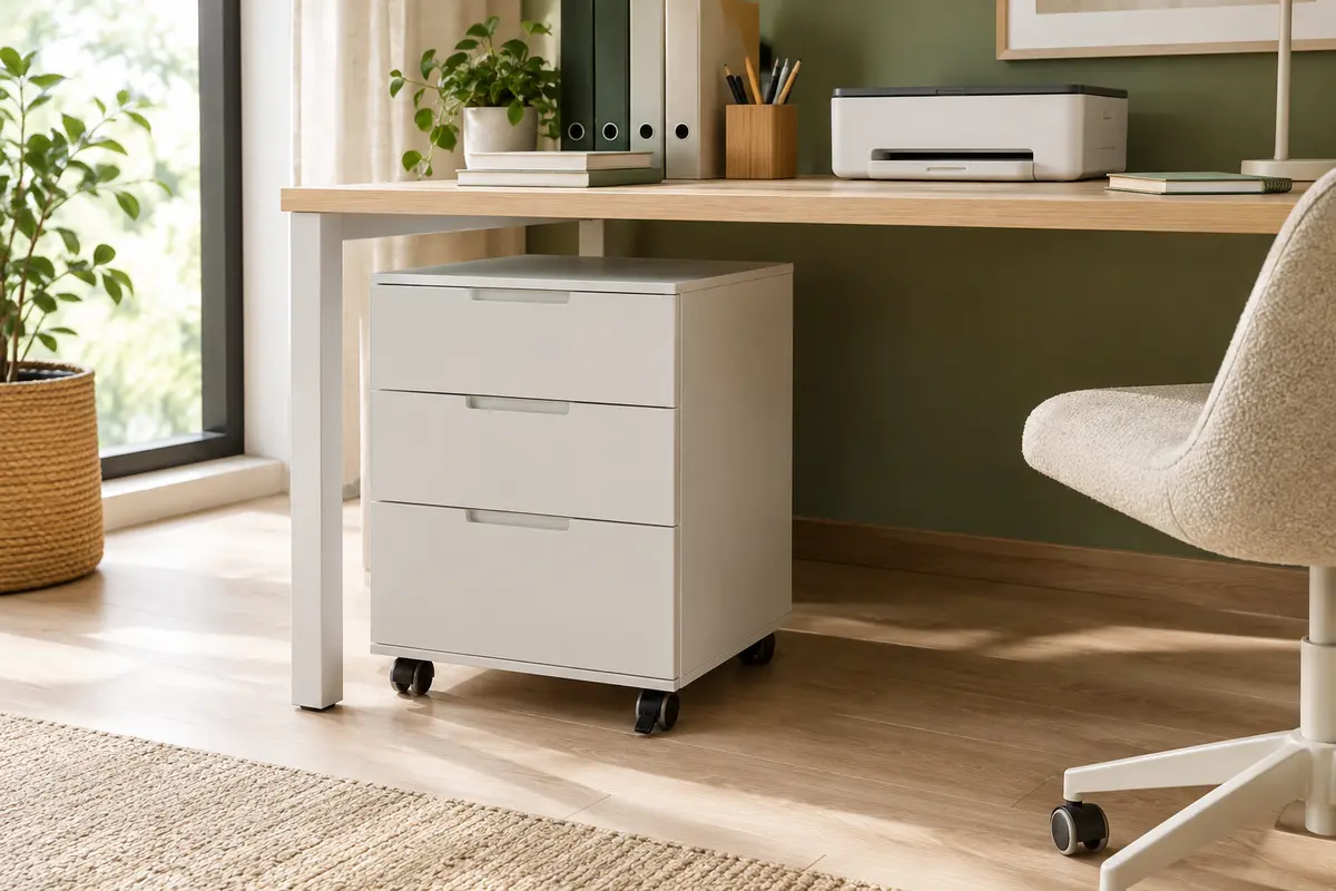 Caisson de bureau blanc à trois tiroirs sur roulettes, placé sous un bureau dans un espace de travail lumineux.
