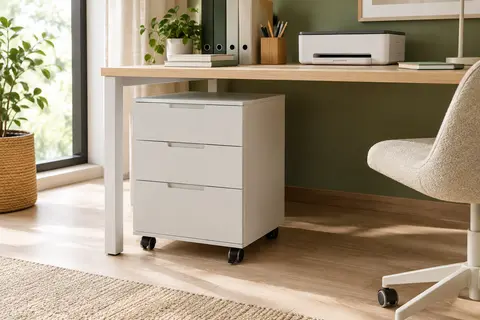 Caisson de bureau blanc à trois tiroirs sur roulettes, placé sous un bureau dans un espace de travail lumineux.