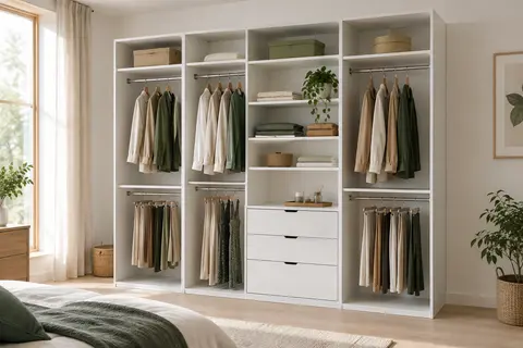 Dressing modulable blanc avec compartiments ouverts, trois tiroirs et tringles rétractables dans une chambre lumineuse