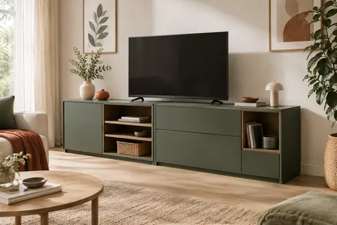 Deux commodes vertes Vicco Wido avec rangements ouverts et fermés, installées dans un salon lumineux