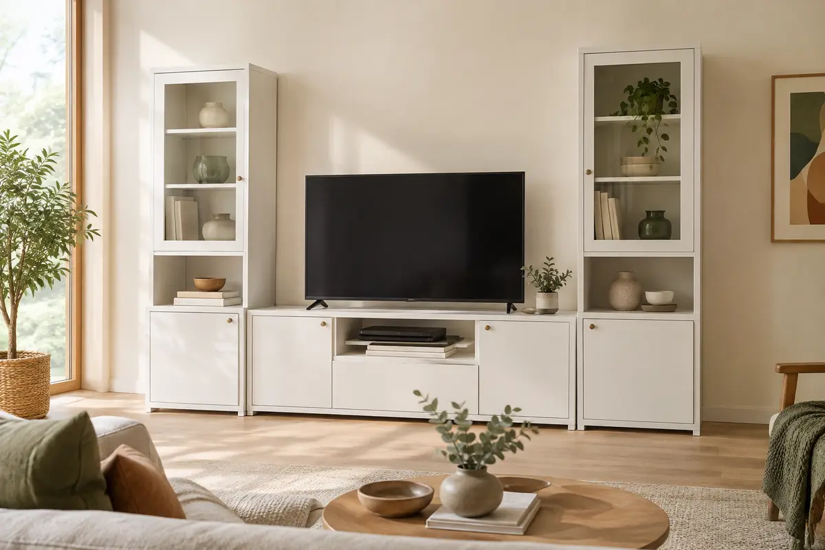 Meuble TV blanc composé de quatre modules, avec console, portes vitrées et étagères ouvertes dans un salon lumineux.