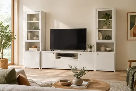 Meuble TV blanc composé de quatre modules, avec console, portes vitrées et étagères ouvertes dans un salon lumineux.