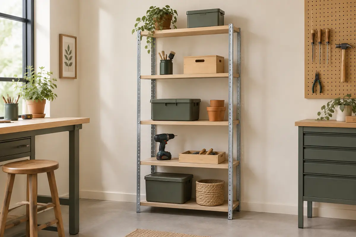 Étagère WilTec à cinq niveaux en MDF et acier galvanisé, installée dans un atelier lumineux.