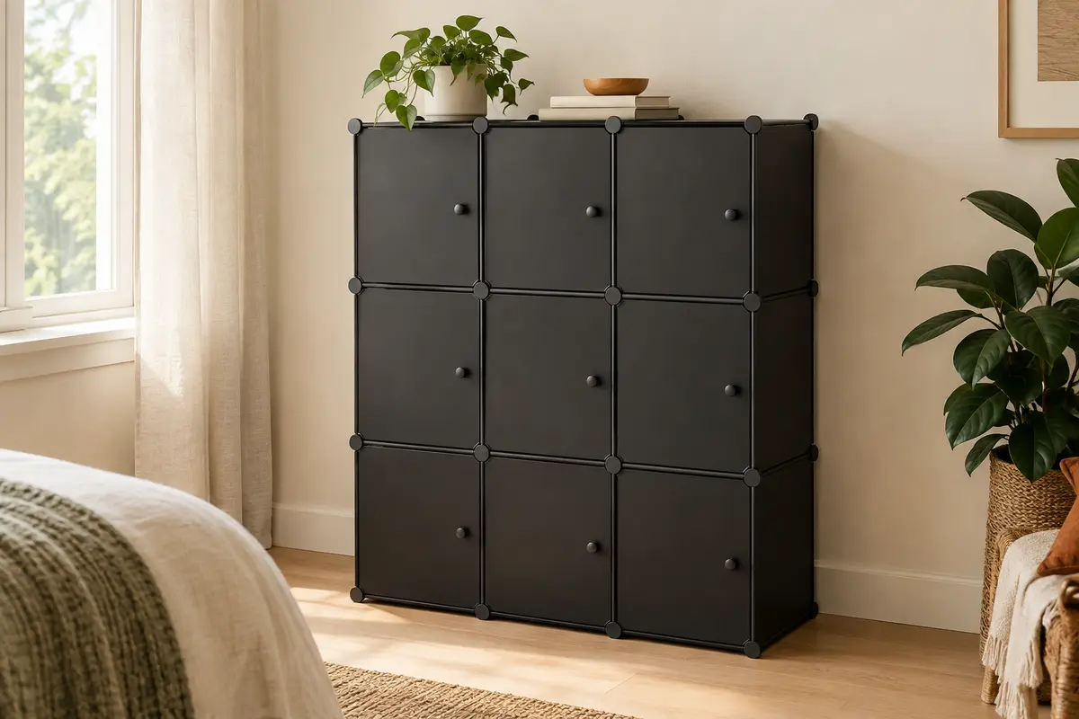 Armoire modulable noire à neuf cubes avec portes, installée dans une chambre lumineuse