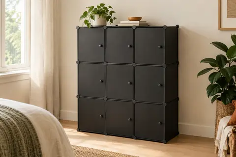 Armoire modulable noire à neuf cubes avec portes, installée dans une chambre lumineuse