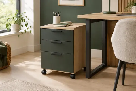 Caisson de bureau mobile à trois tiroirs, finition chêne clair et noir, placé près d’un bureau lumineux.