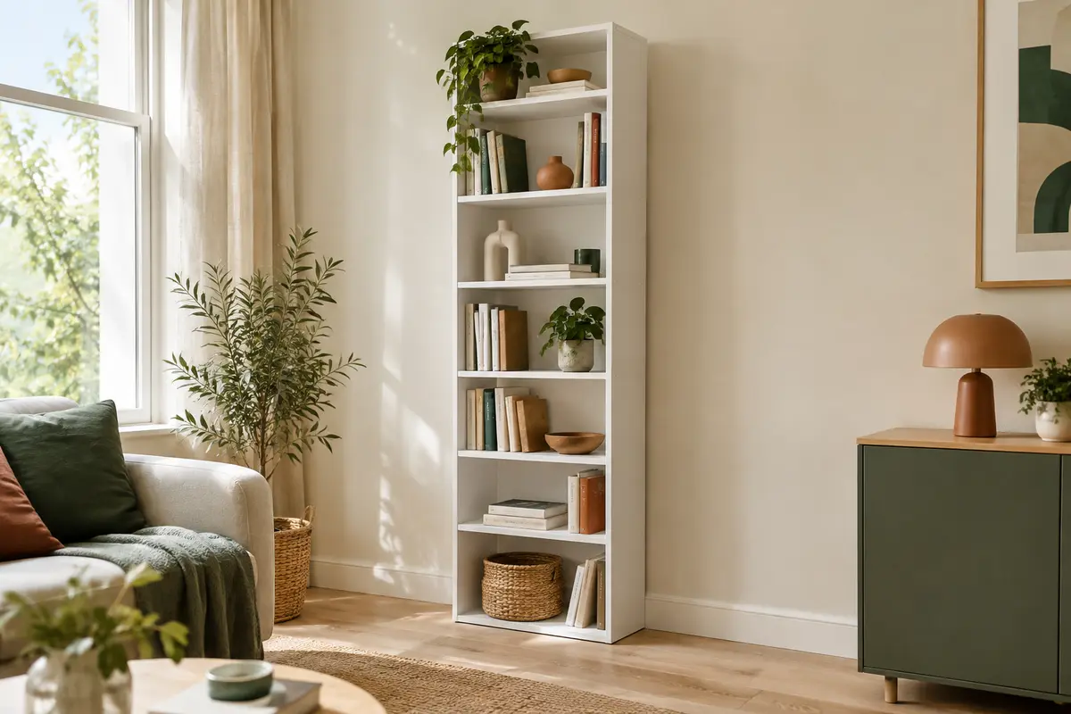 Étagère modulable blanche Woltu à sept niveaux, installée contre un mur dans un salon lumineux.