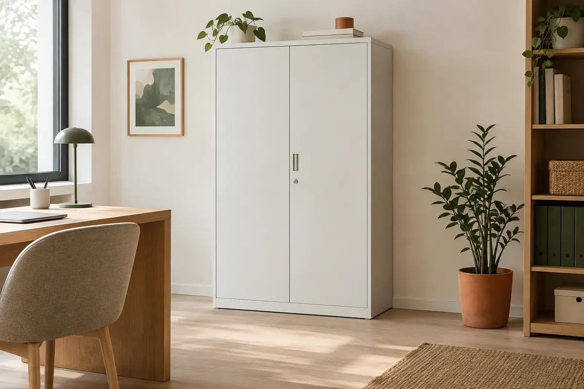 Armoire métallique blanche à deux portes, installée dans un bureau lumineux près d’un bureau en chêne clair.