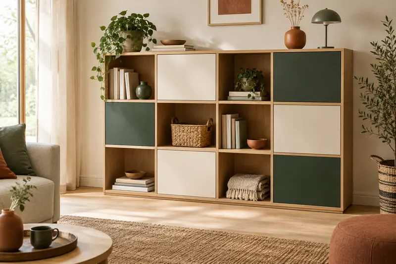 Meuble de rangement modulable à cases dans une pièce claire, avec des objets organisés