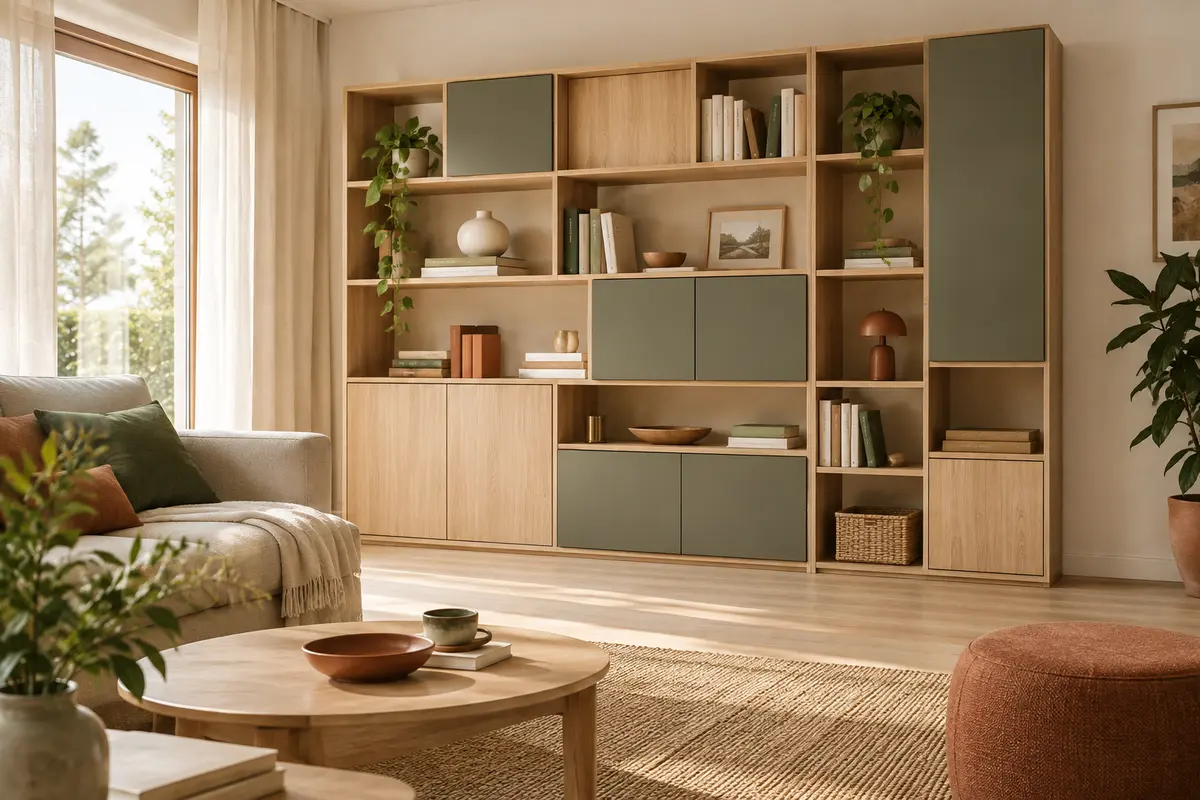 Bibliothèque modulable en chêne clair dans un séjour lumineux aux tons doux et naturels
